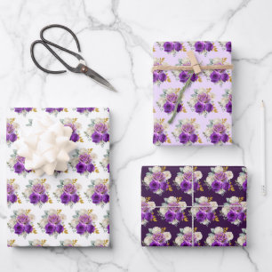 Donkerpaarse en gouden elegante bloemen inpakpapier vel
