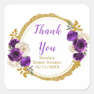 Donkerpaarse en gouden elegante bloemen Sweet Sixt Vierkante Sticker