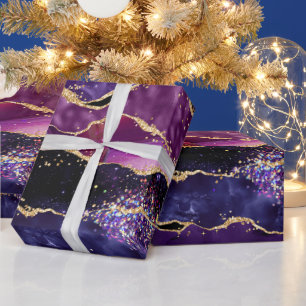 Donkerpaarse en gouden glittersequins agaat cadeaupapier