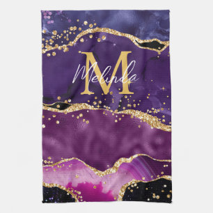 Donkerpaarse en gouden glittersequins agaat theedoek