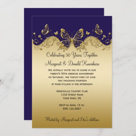 Donkerpaarse en gouden vlinders 50ste verjaardag kaart (Voorkant / Achterkant)