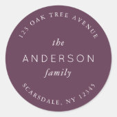 Donkerpaarse familienaam retouradres ronde sticker (Voorkant)