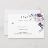 Donkerpaarse, lavendelkleurige pioen, witte roos b RSVP kaartje (Voorkant)