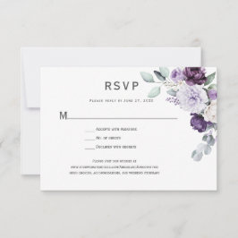 Donkerpaarse, lavendelkleurige pioen, witte roos b RSVP kaartje