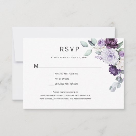 Donkerpaarse, lavendelkleurige pioen, witte roos b RSVP kaartje (Voorkant)