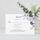 Donkerpaarse, lavendelkleurige pioen, witte roos b RSVP kaartje (Staand voorkant)