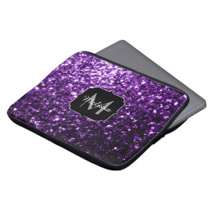 Donkerpaarse namaak glanzende glitter vonken Monog Laptop Sleeve