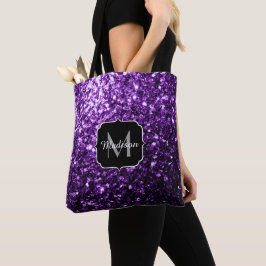 Donkerpaarse namaak glanzende glitter vonken Monog Tote Bag
