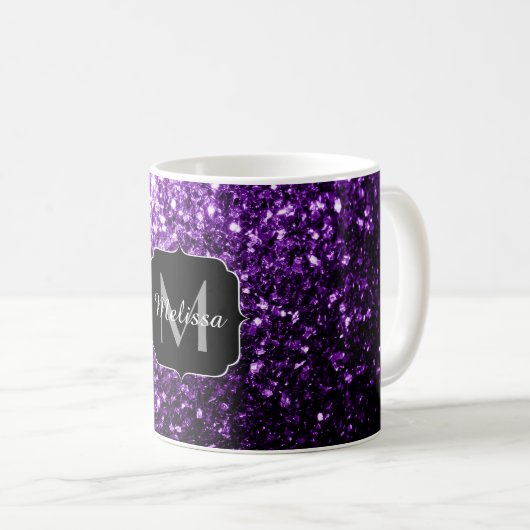 Donkerpaarse namaak glanzende glitters vonken Mono Koffiemok (Voorkant rechts)