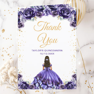 Donkerpaarse Prinses Bloemige Quinceañera Bedankkaart
