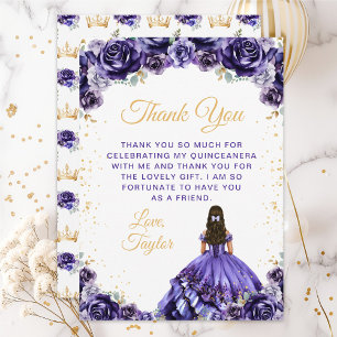 Donkerpaarse Prinses Bloemige Quinceañera Bedankkaart