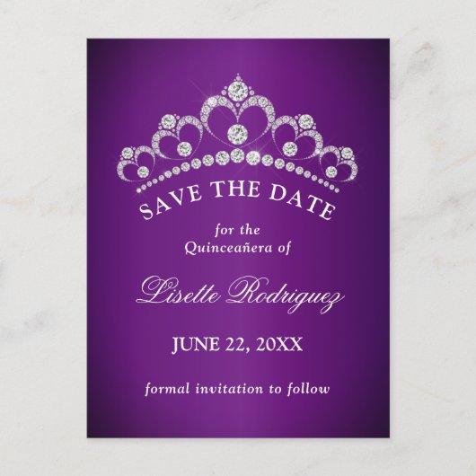Donkerpaarse Quinceanera Save The Date Briefkaart (Voorkant)