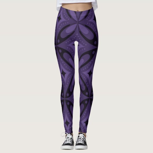 Donkerpaarse Retro Patroon Leggings (Voorkant)