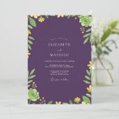 Donkerpaarse Succulente Eucalyptus Bruiloft Kaart (Staand voorkant)