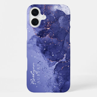 Donkerpaarse waterverfinkt glitters op maat iPhone 16 plus hoesje