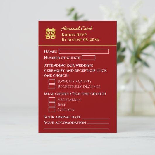 Donkerrode bestemming aankomst chinese bruiloft RSVP kaartje (Staand voorkant)