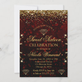 Donkerrode Bokeh & Gouden Glitters Zweet 16 Kaart