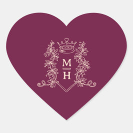 Donkerrode bordeaux perzik kroon monogram bruiloft hart sticker