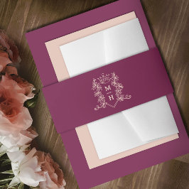 Donkerrode bordeaux perzik kroon monogram bruiloft uitnodigingen wikkel