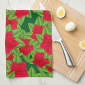 Donkerrode camelia's en groene bladeren theedoek (Quarter Fold)