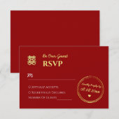 Donkerrode chinese trouwstempel logo RSVP kaartje (Voorkant / Achterkant)