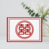 Donkerrode dubbele gelukzaligheid - Fancy RSVP Kaartje (Staand voorkant)