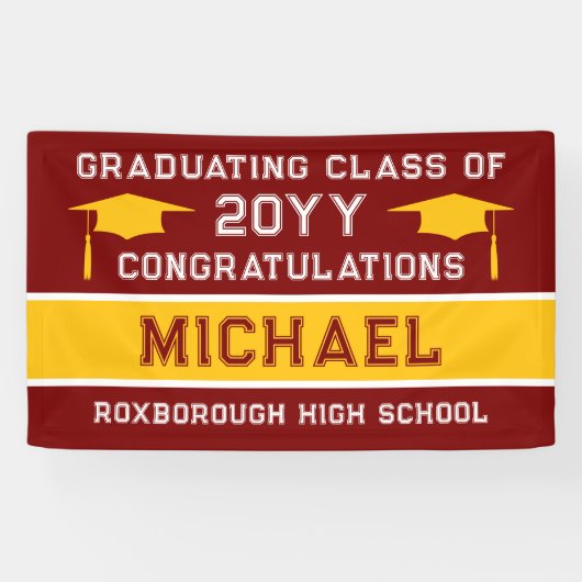 Donkerrode en gele schoolkleuren Afstuderen Spandoek (Horizontaal)