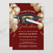 Donkerrode en gouden Afstuderen Pet Graduparty Kaart (Voorkant / Achterkant)