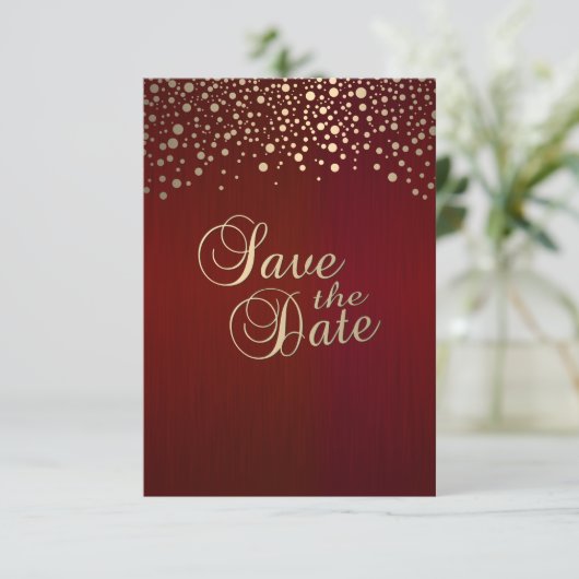 Donkerrode en gouden Confetti Stippen - Sla de dat Save The Date (Staand voorkant)