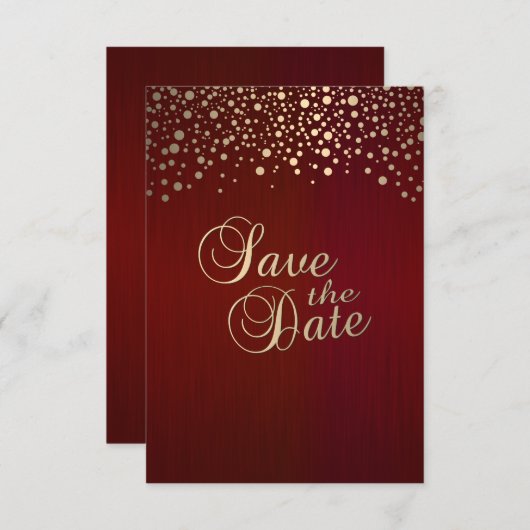 Donkerrode en gouden Confetti Stippen - Sla de dat Save The Date (Voorkant / Achterkant)