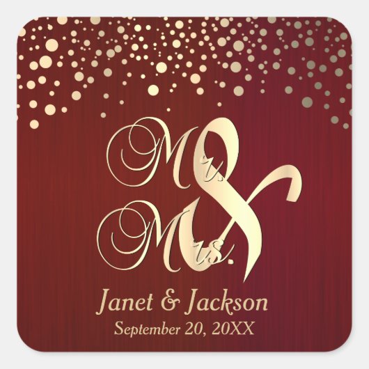 Donkerrode en gouden Confetti Stippen Vierkante Sticker (Voorkant)