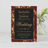 Donkerrode en gouden marmer en zwarte uitnodiging (Staand voorkant)