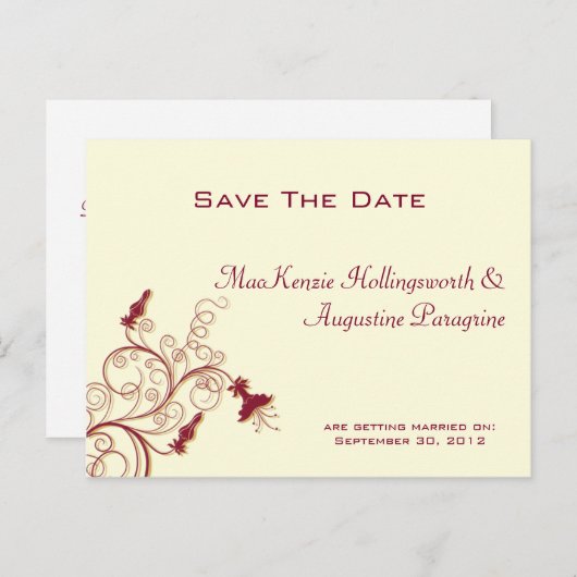 Donkerrode en gouden wervelingen redden de datum aankondigingskaart (Voorkant / Achterkant)