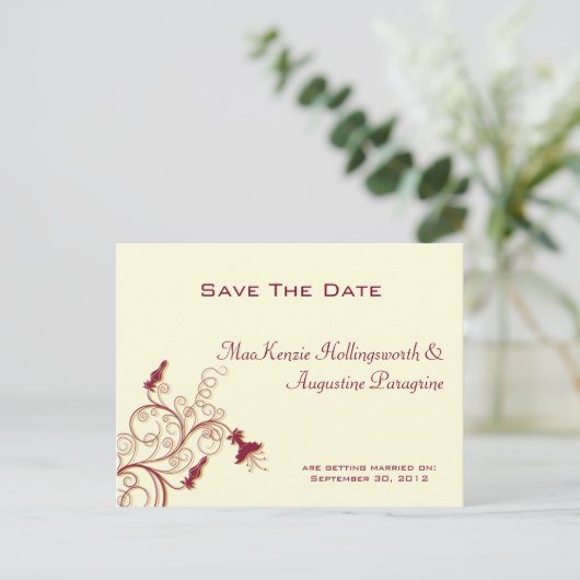 Donkerrode en gouden wervelingen redden de datum aankondigingskaart (Staand voorkant)