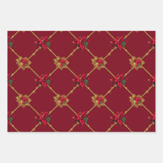Donkerrode en groene gouden kerst in Poinsettia Inpakpapier Vel (Voorkant 3)