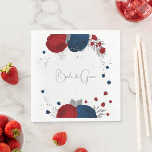 donkerrode en marineblauwe bloemen zilveren bruilo servet
