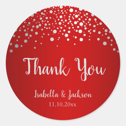 Donkerrode en zilverkleurige Confetti Stippen Ronde Sticker (Voorkant)