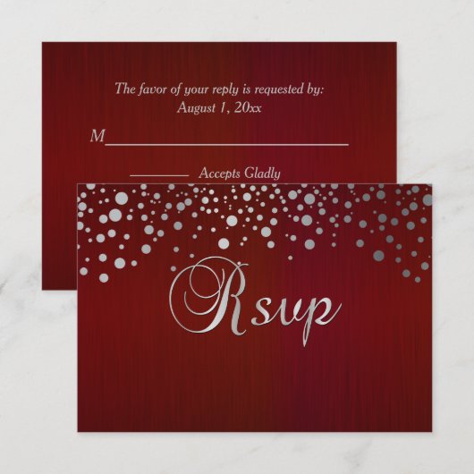 Donkerrode en zilverkleurige Confetti Stippen RSVP Kaartje (Voorkant / Achterkant)