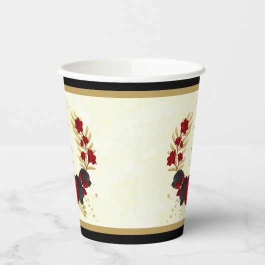 donkerrode en zwarte bloemen gouden botanische baa papieren bekers