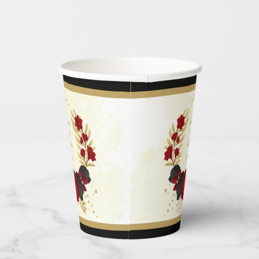 donkerrode en zwarte bloemen gouden botanische baa papieren bekers (Rechts)