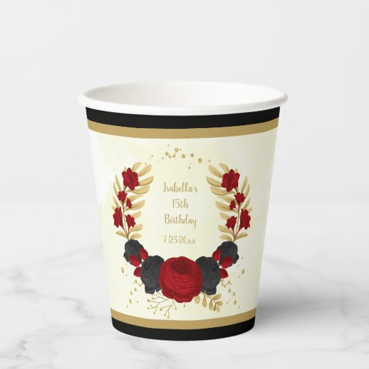 donkerrode en zwarte bloemen gouden botanische baa papieren bekers (Voorkant)