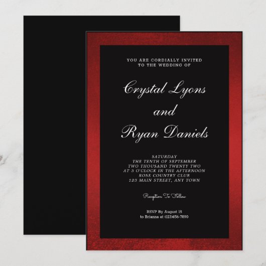 Donkerrode en zwarte bruiloft kaart (Voorkant / Achterkant)