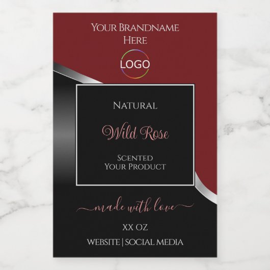 Donkerrode en zwarte golvende zilveren logo-produc voedselcontainer etiket (Enkel label)