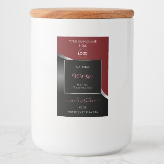 Donkerrode en zwarte golvende zilveren logo-produc voedselcontainer etiket (Voorkant)