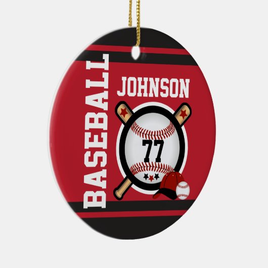 Donkerrode en zwarte honkbal | Naam en nummer DIY Keramisch Ornament (Rechts)