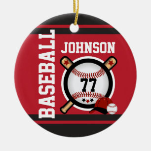 Donkerrode en zwarte honkbal   Naam en nummer DIY Keramisch Ornament