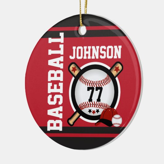 Donkerrode en zwarte honkbal | Naam en nummer DIY Keramisch Ornament (Links)