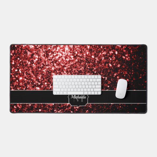 Donkerrode faux glitter fonkelt Monogram Bureaumat (Keyboard & Muis)