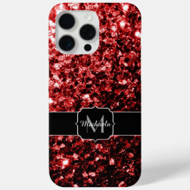 Donkerrode faux glitter fonkelt Monogram iPhone 15 Pro Max Hoesje
