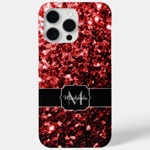 Donkerrode faux glitter fonkelt Monogram iPhone 15 Pro Max Hoesje